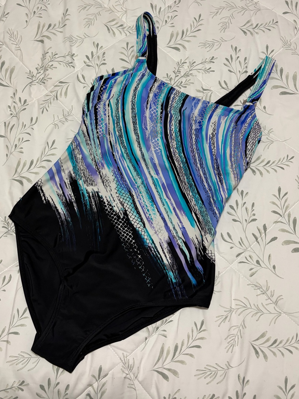 Peter Nygard One Piece Swimsuit Size 10 Black Blue White D Cup Full Coverage